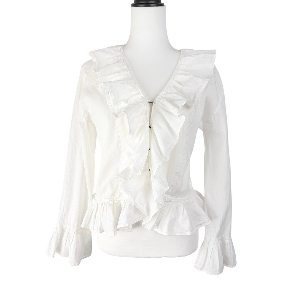 y2k Dare White Ruffle Front Hook Eye Blouse Long Sleeve Peplum Top Womens Medium